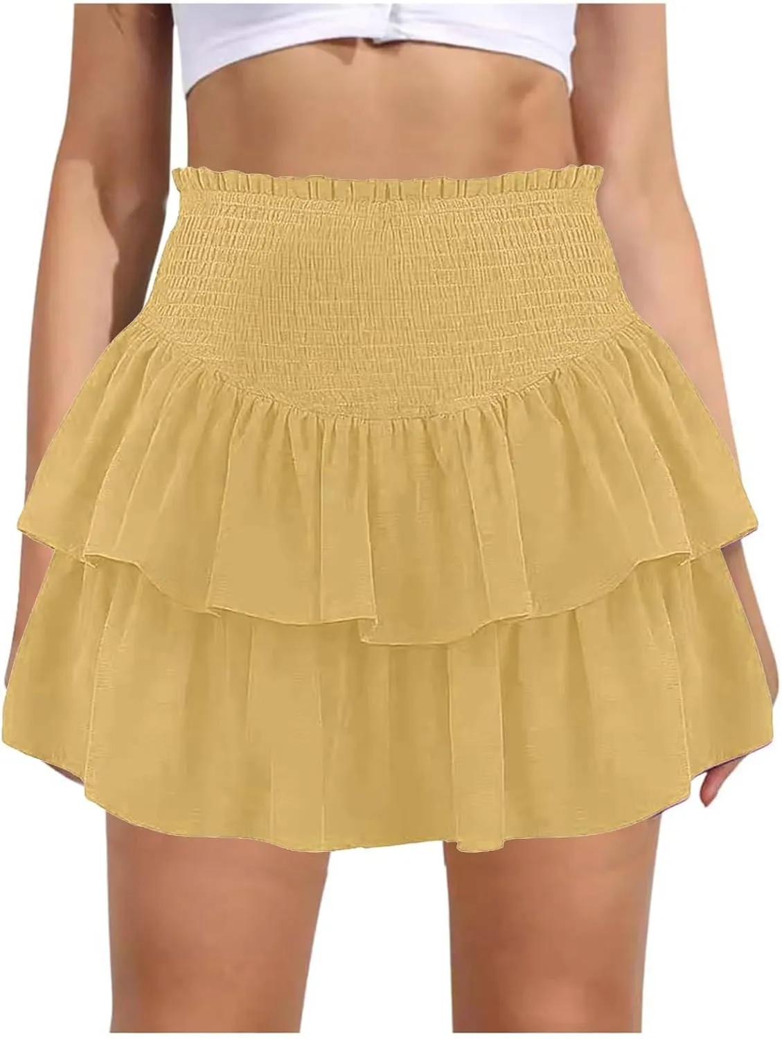 Women High Elastic Waist Pleated Mini Skirt Casual Asymmetric Ruffle Tiered Skorts Basic Stretchy Flared Inner Shorts Skirts