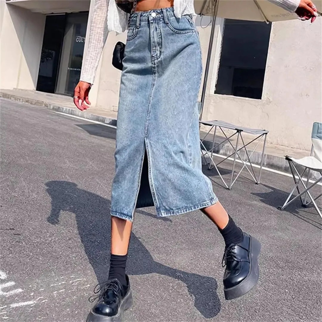 Women High Waist Baggy Skirts Slit Dress Gothic Blue A Line Slit Denim Skirts