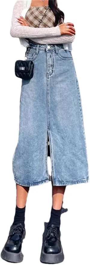 Women High Waist Baggy Skirts Slit Dress Gothic Blue A Line Slit Denim Skirts