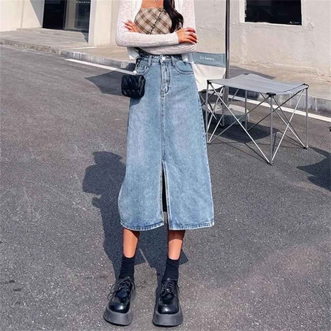 Women High Waist Baggy Skirts Slit Dress Gothic Blue A Line Slit Denim Skirts