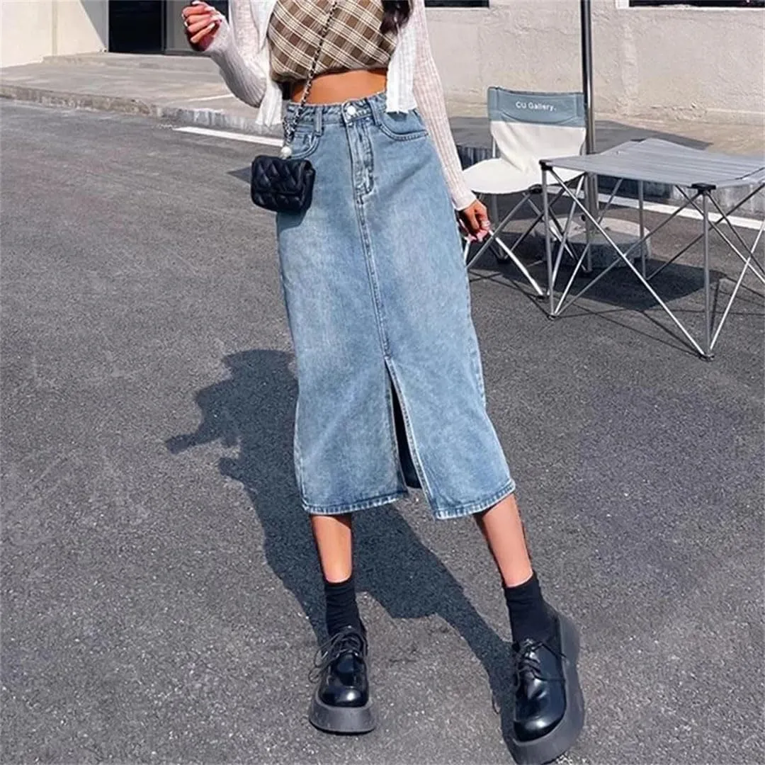 Women High Waist Baggy Skirts Slit Dress Gothic Blue A Line Slit Denim Skirts