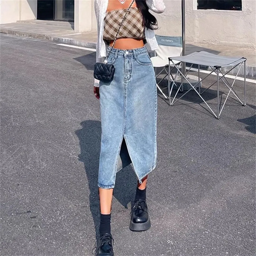 Women High Waist Baggy Skirts Slit Dress Gothic Blue A Line Slit Denim Skirts