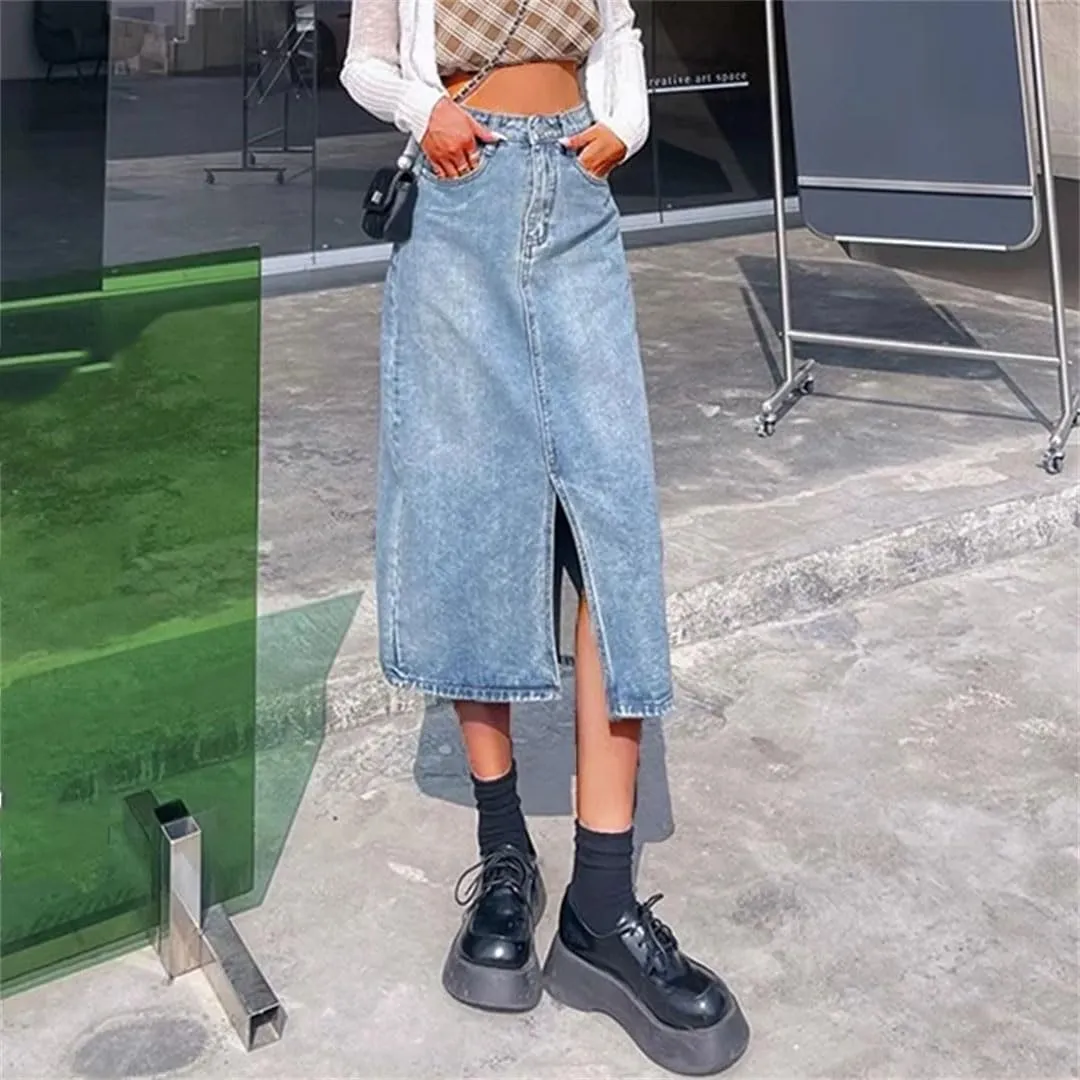 Women High Waist Baggy Skirts Slit Dress Gothic Blue A Line Slit Denim Skirts