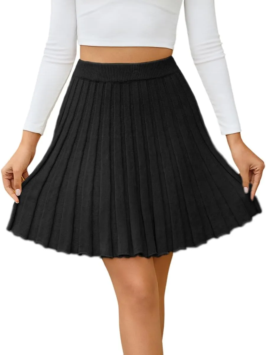 Women Knit Pleated Mini Skirts A Line Flared High Elastic Waist Knit Short Skirts