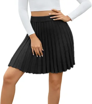 Women Knit Pleated Mini Skirts A Line Flared High Elastic Waist Knit Short Skirts
