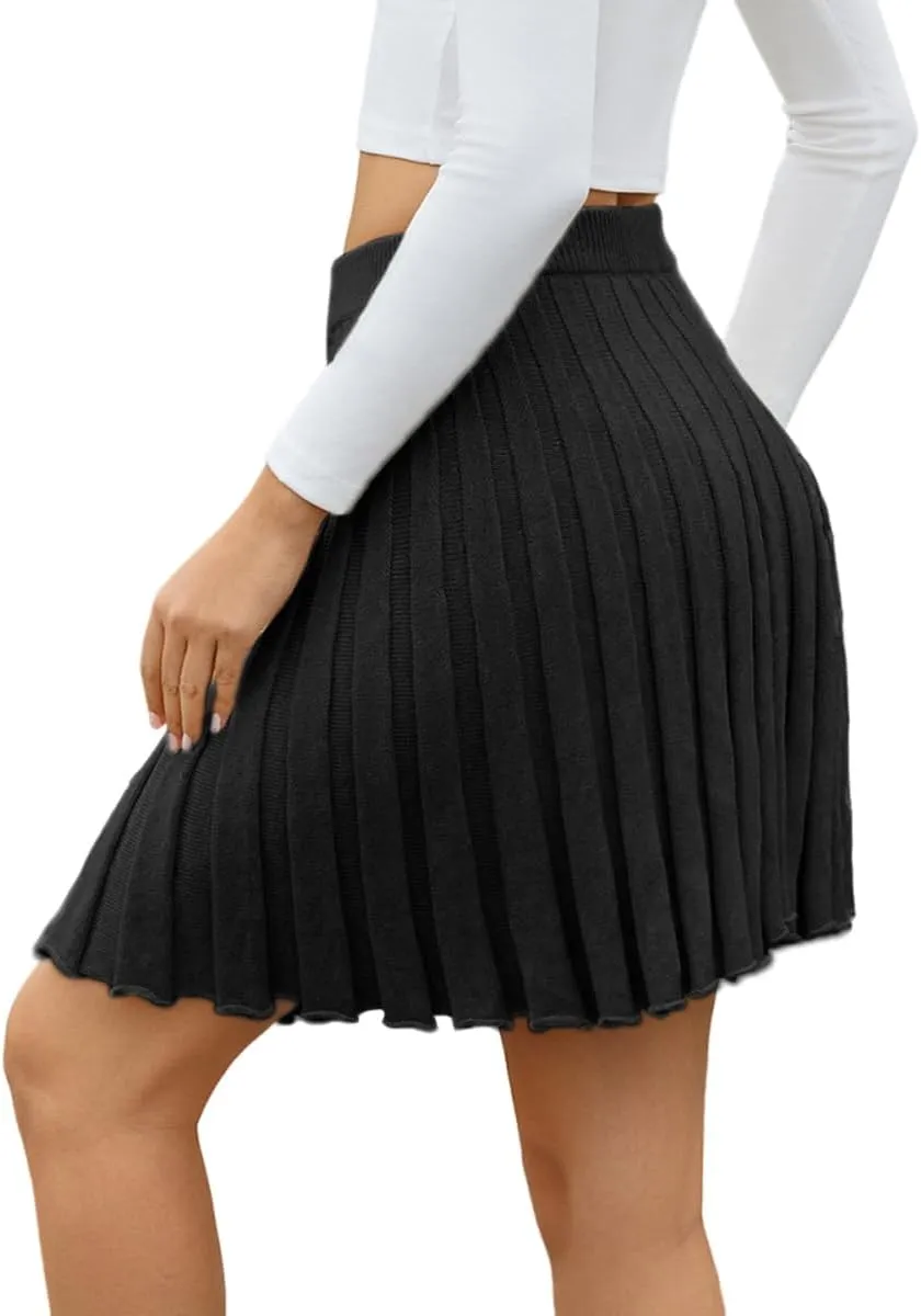 Women Knit Pleated Mini Skirts A Line Flared High Elastic Waist Knit Short Skirts