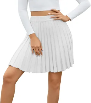 Women Knit Pleated Mini Skirts A Line Flared High Elastic Waist Knit Short Skirts