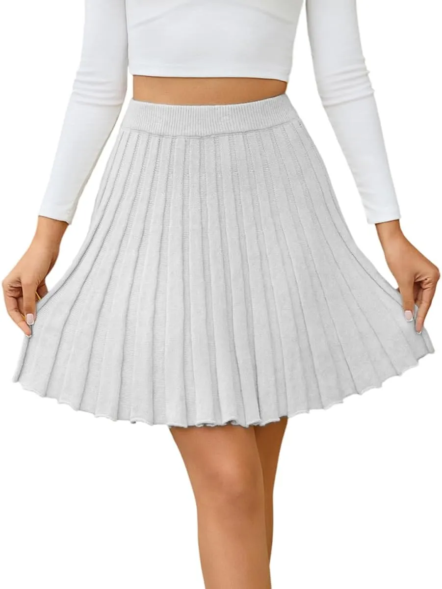 Women Knit Pleated Mini Skirts A Line Flared High Elastic Waist Knit Short Skirts