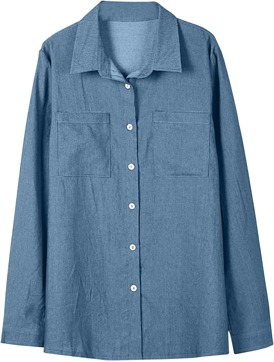 Women Lightweight Jean Shirt Jacket Casual Button Down Denim Blouse Loose Fit Long Sleeve Shirts Trendy Tops