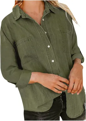 Women Lightweight Jean Shirt Jacket Casual Button Down Denim Blouse Loose Fit Long Sleeve Shirts Trendy Tops