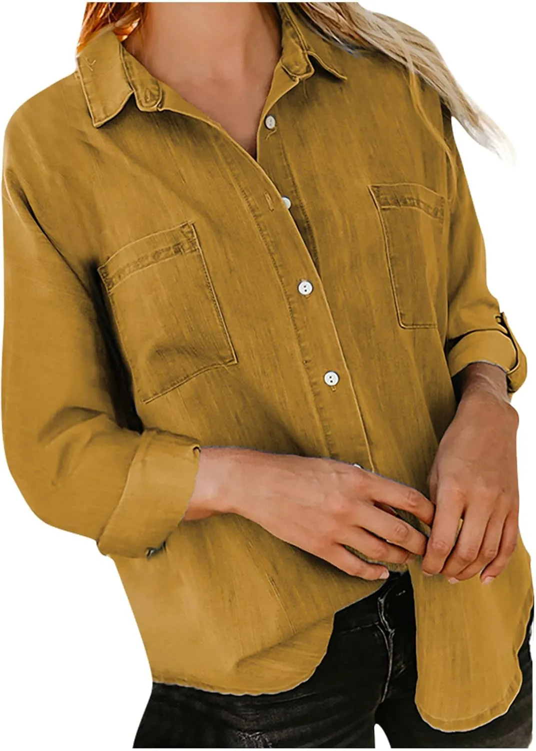 Women Lightweight Jean Shirt Jacket Casual Button Down Denim Blouse Loose Fit Long Sleeve Shirts Trendy Tops