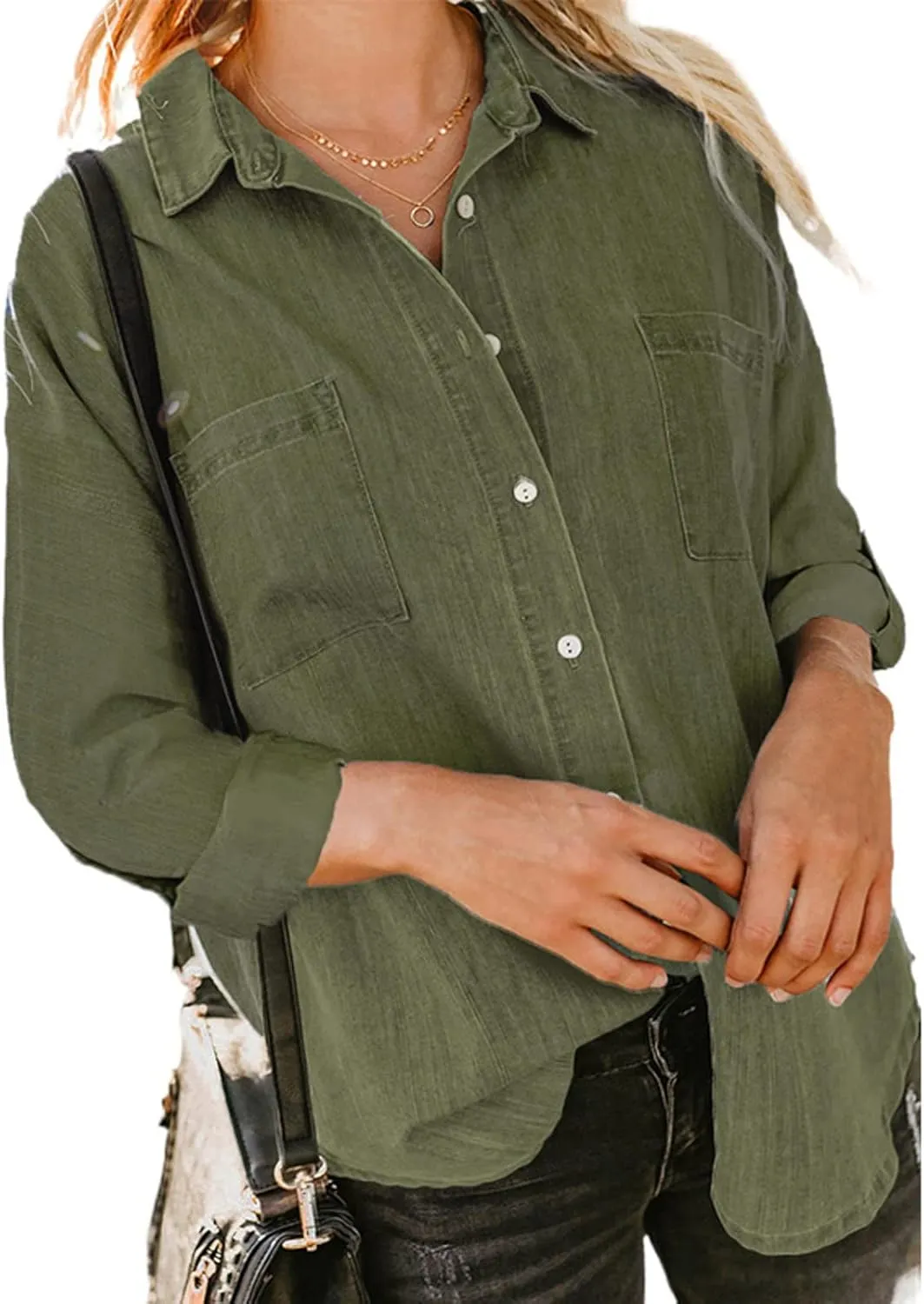 Women Lightweight Jean Shirt Jacket Casual Button Down Denim Blouse Loose Fit Long Sleeve Shirts Trendy Tops