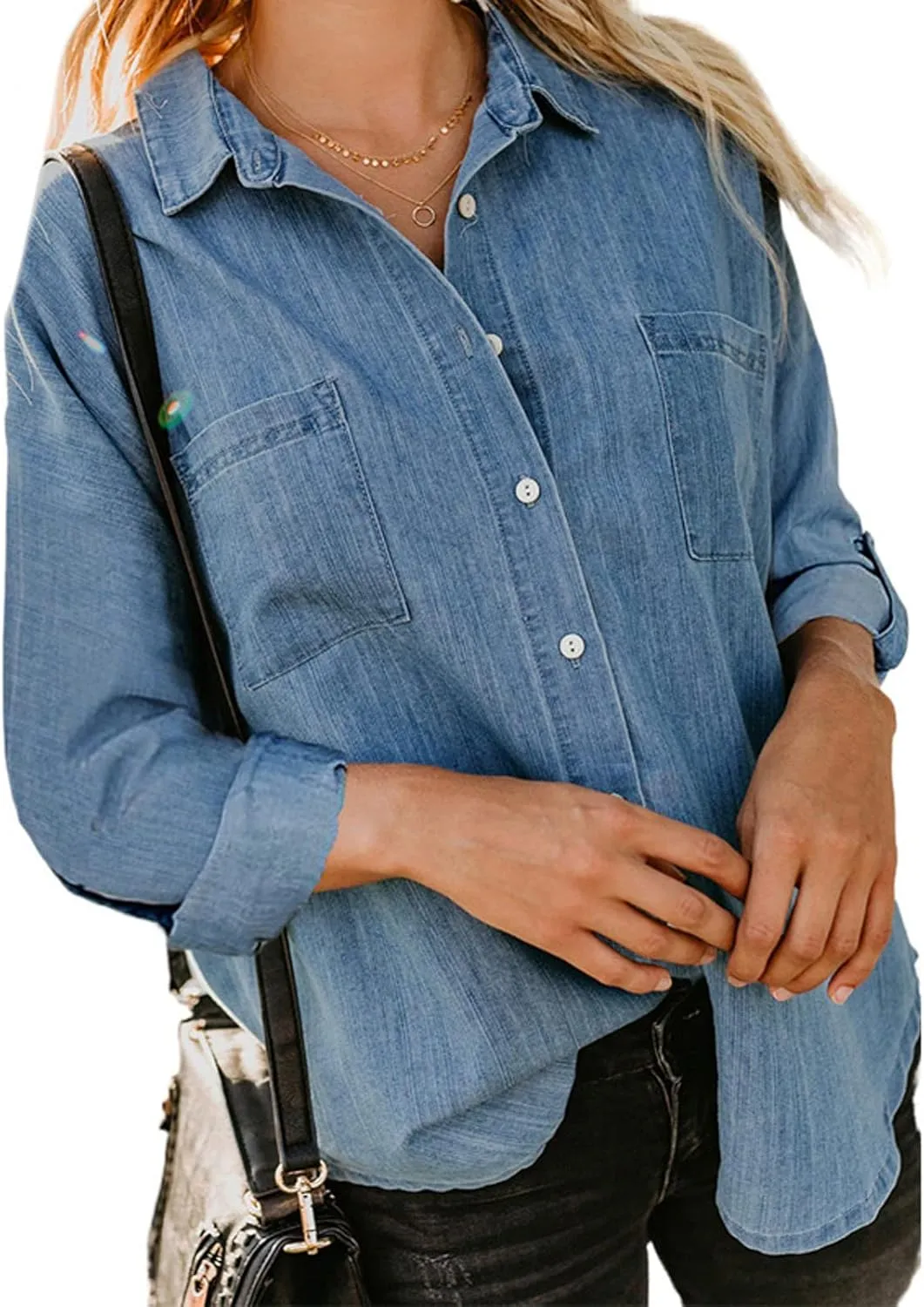 Women Lightweight Jean Shirt Jacket Casual Button Down Denim Blouse Loose Fit Long Sleeve Shirts Trendy Tops