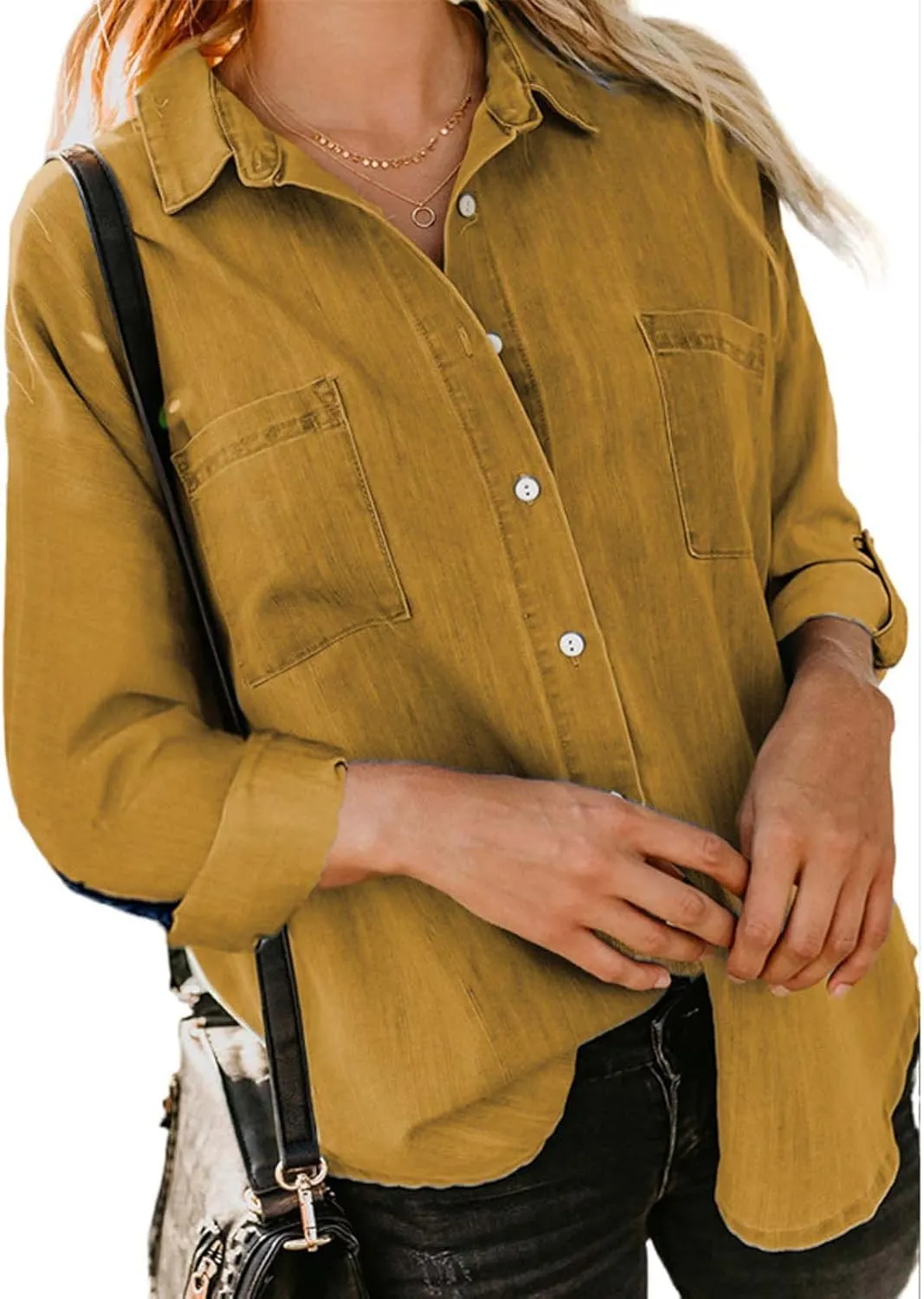Women Lightweight Jean Shirt Jacket Casual Button Down Denim Blouse Loose Fit Long Sleeve Shirts Trendy Tops