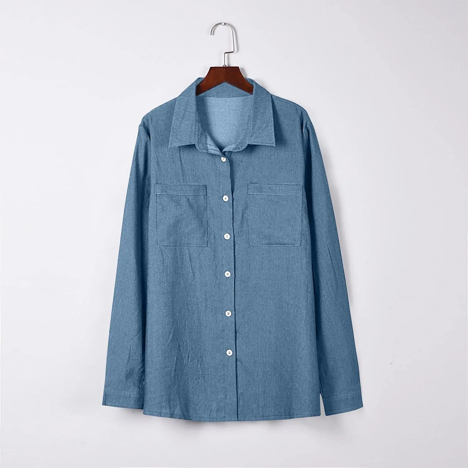 Women Lightweight Jean Shirt Jacket Casual Button Down Denim Blouse Loose Fit Long Sleeve Shirts Trendy Tops