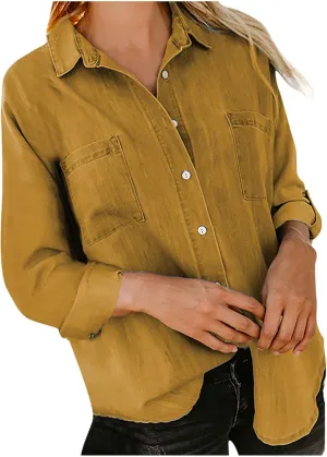 Women Lightweight Jean Shirt Jacket Casual Button Down Denim Blouse Loose Fit Long Sleeve Shirts Trendy Tops