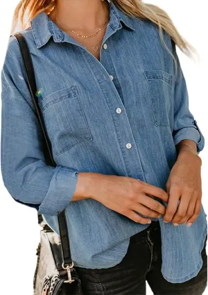 Women Lightweight Jean Shirt Jacket Casual Button Down Denim Blouse Loose Fit Long Sleeve Shirts Trendy Tops