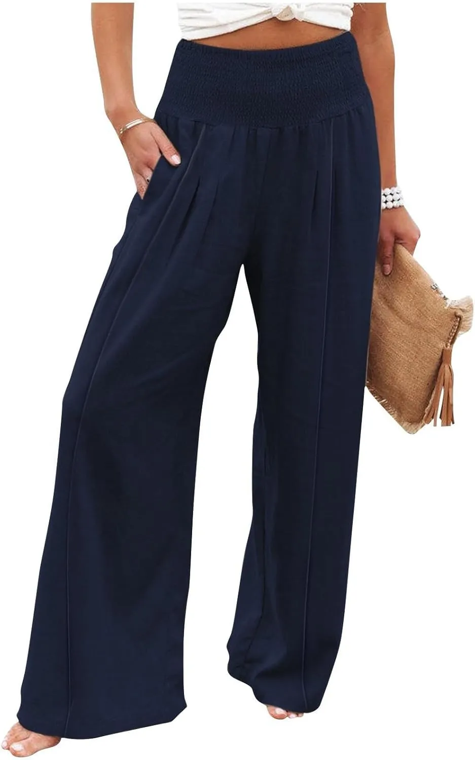 Women Linen Palazzo Pants Boho Wide Leg High Waist Casual Lounge Pant Trousers with Pockets Straight Leg Comfort Pants