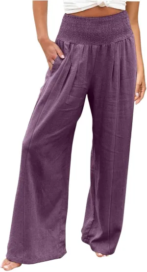 Women Linen Palazzo Pants Boho Wide Leg High Waist Casual Lounge Pant Trousers with Pockets Straight Leg Comfort Pants