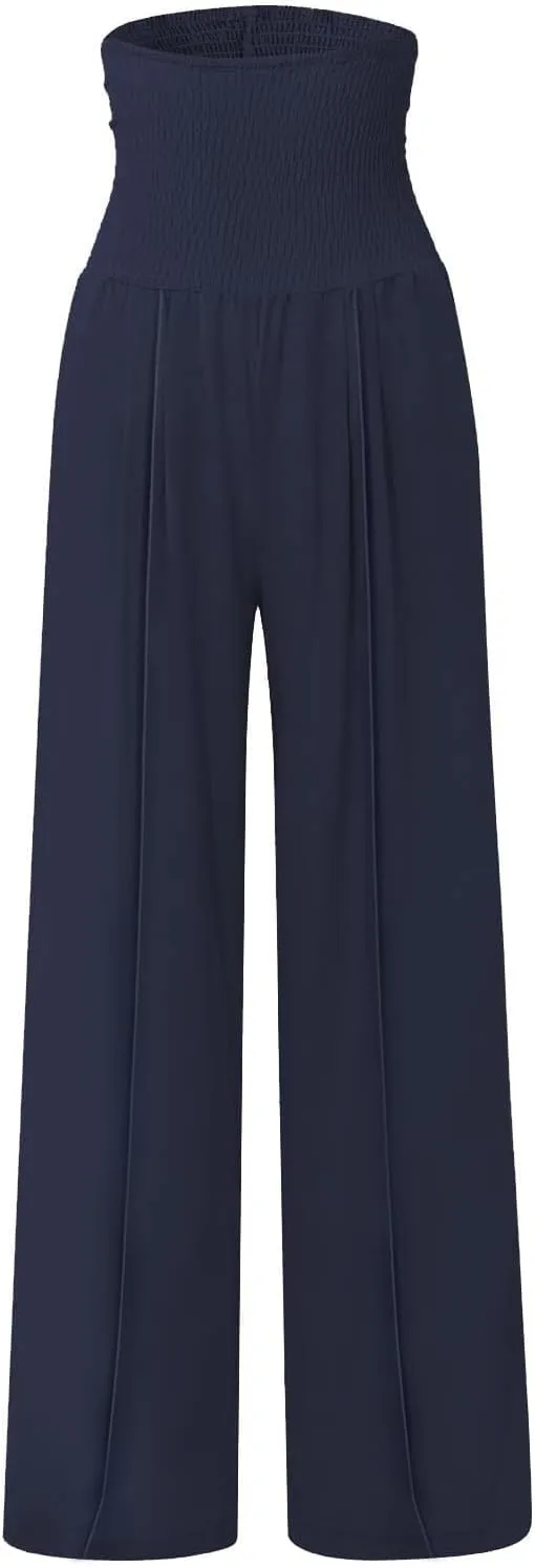 Women Linen Palazzo Pants Boho Wide Leg High Waist Casual Lounge Pant Trousers with Pockets Straight Leg Comfort Pants