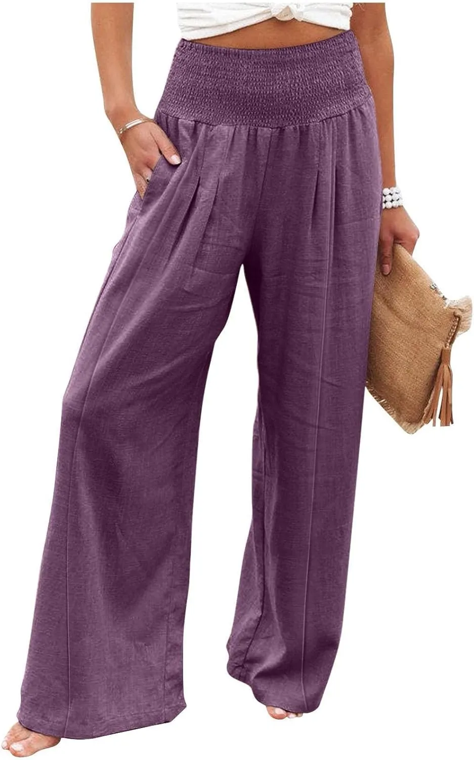 Women Linen Palazzo Pants Boho Wide Leg High Waist Casual Lounge Pant Trousers with Pockets Straight Leg Comfort Pants