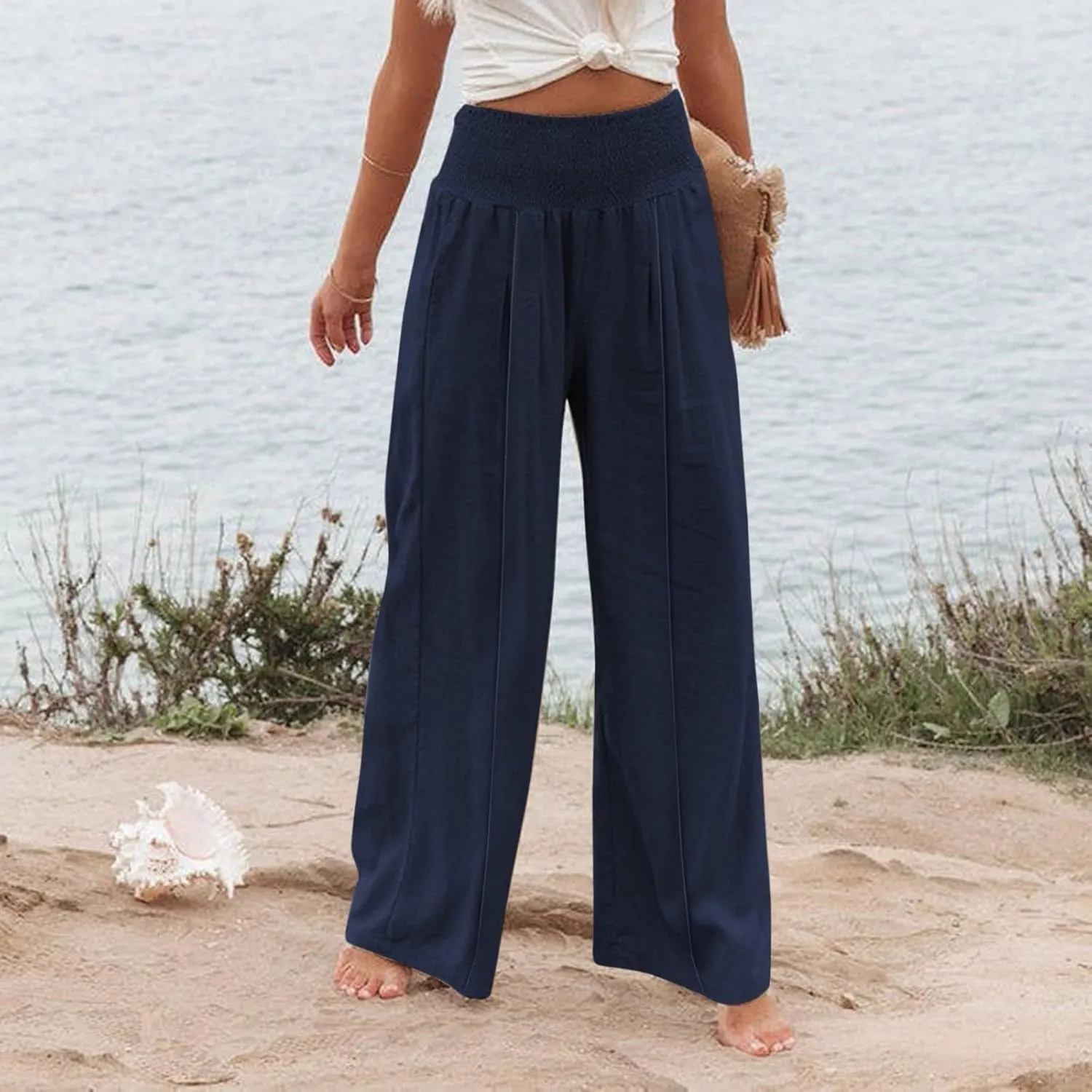 Women Linen Palazzo Pants Boho Wide Leg High Waist Casual Lounge Pant Trousers with Pockets Straight Leg Comfort Pants