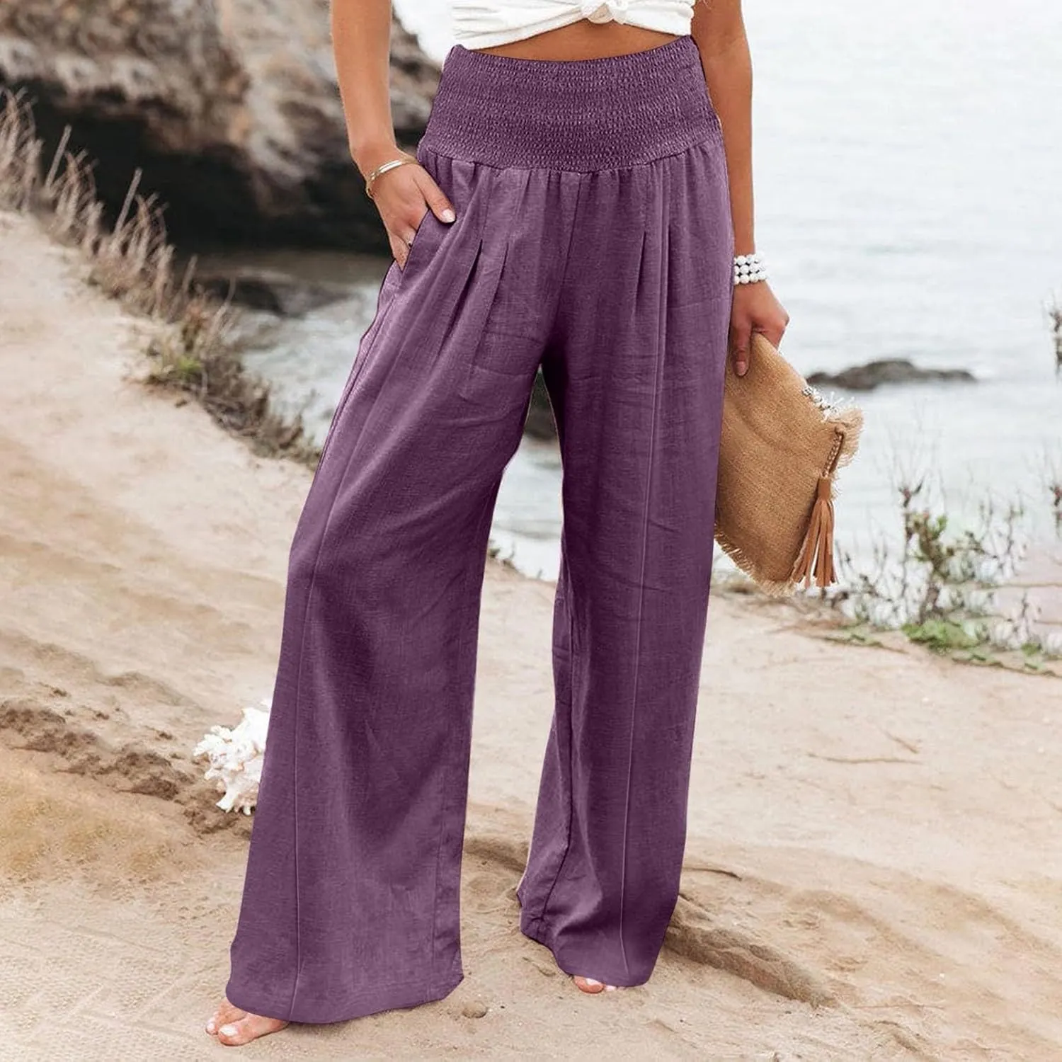 Women Linen Palazzo Pants Boho Wide Leg High Waist Casual Lounge Pant Trousers with Pockets Straight Leg Comfort Pants