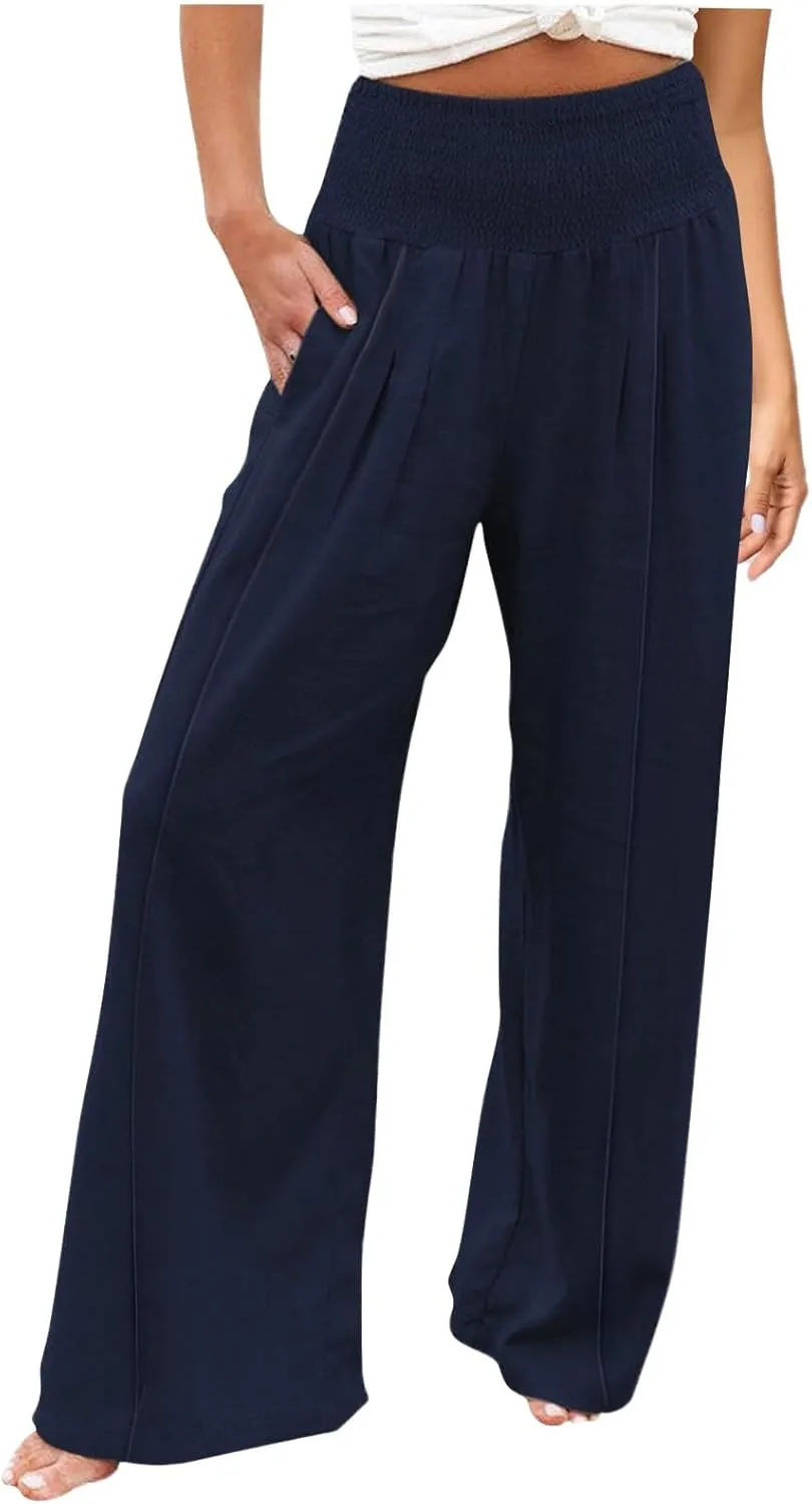 Women Linen Palazzo Pants Boho Wide Leg High Waist Casual Lounge Pant Trousers with Pockets Straight Leg Comfort Pants