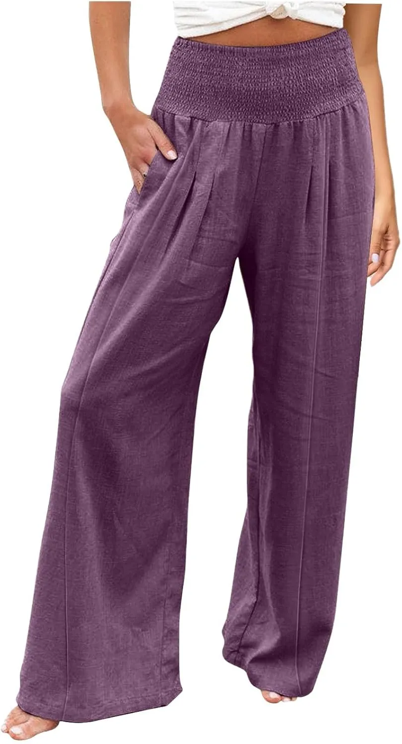 Women Linen Palazzo Pants Boho Wide Leg High Waist Casual Lounge Pant Trousers with Pockets Straight Leg Comfort Pants