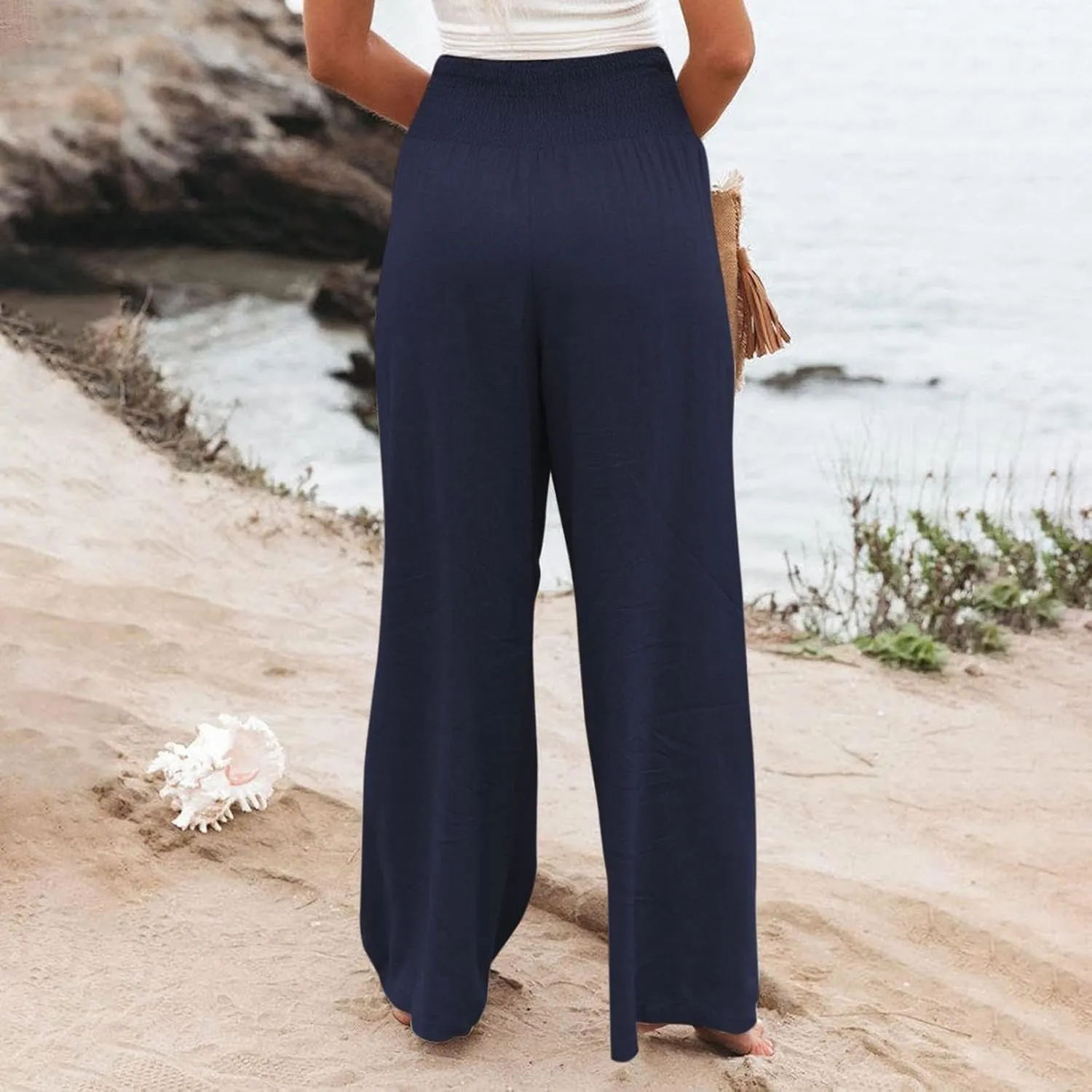 Women Linen Palazzo Pants Boho Wide Leg High Waist Casual Lounge Pant Trousers with Pockets Straight Leg Comfort Pants