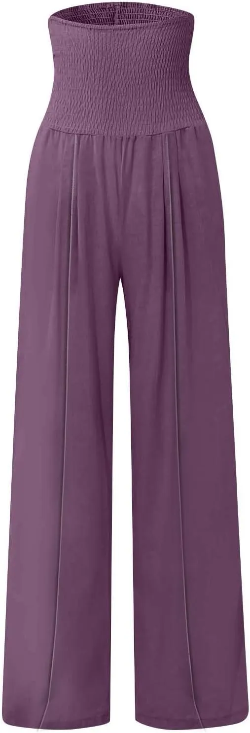 Women Linen Palazzo Pants Boho Wide Leg High Waist Casual Lounge Pant Trousers with Pockets Straight Leg Comfort Pants