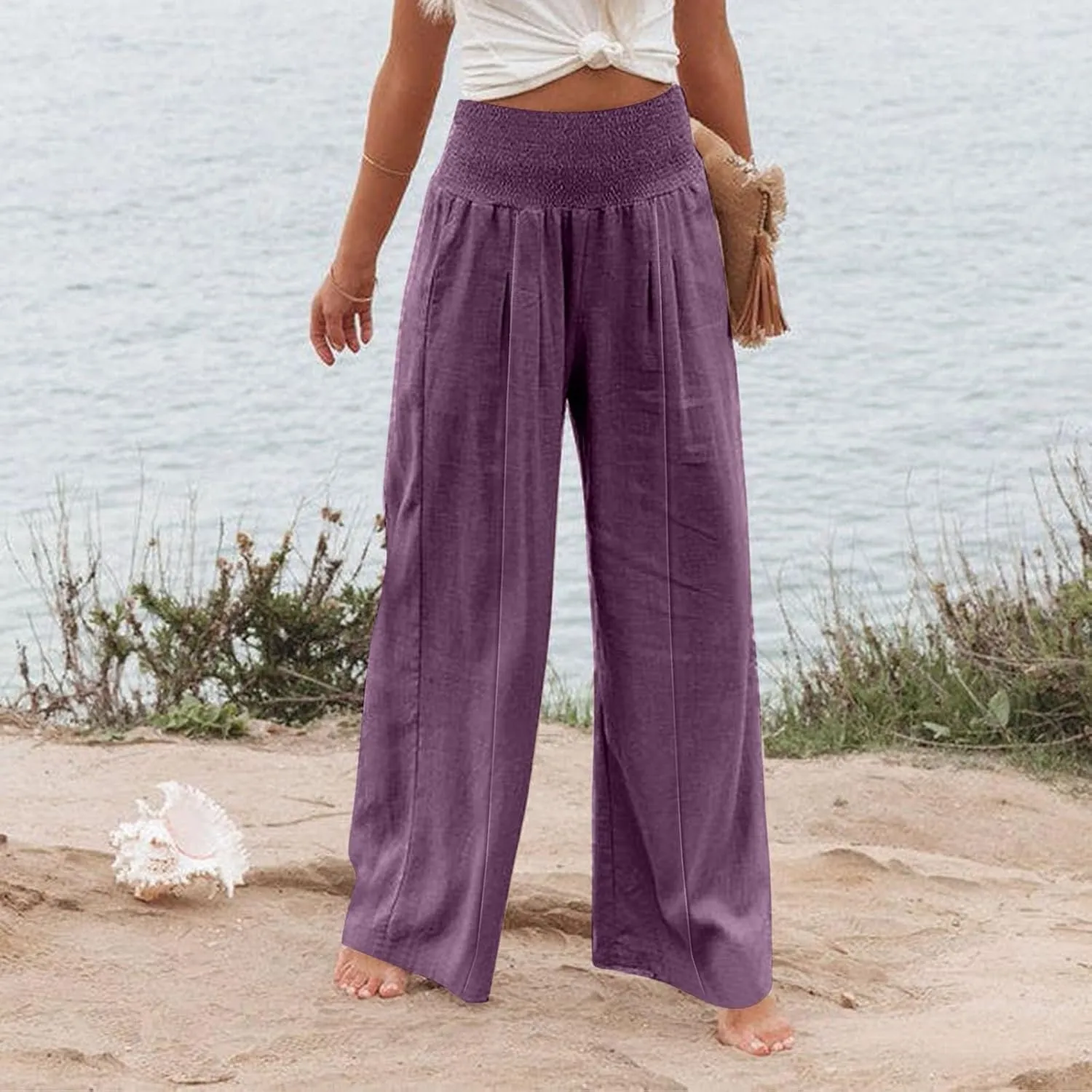 Women Linen Palazzo Pants Boho Wide Leg High Waist Casual Lounge Pant Trousers with Pockets Straight Leg Comfort Pants