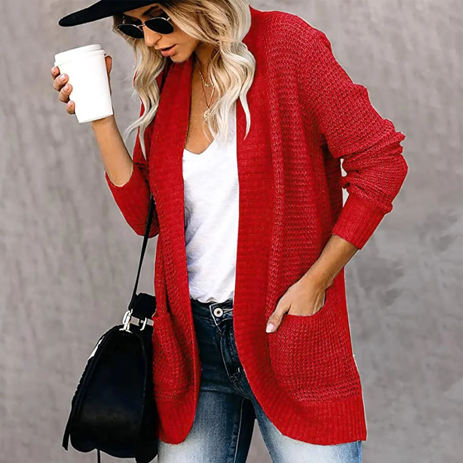 Women Loose Open Front Cardigan Fashion Lightweight Long Sleeve Casual Lightweight Soft Knit Sweaters Coat with Pocket