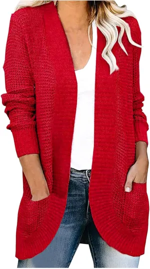 Women Loose Open Front Cardigan Fashion Lightweight Long Sleeve Casual Lightweight Soft Knit Sweaters Coat with Pocket