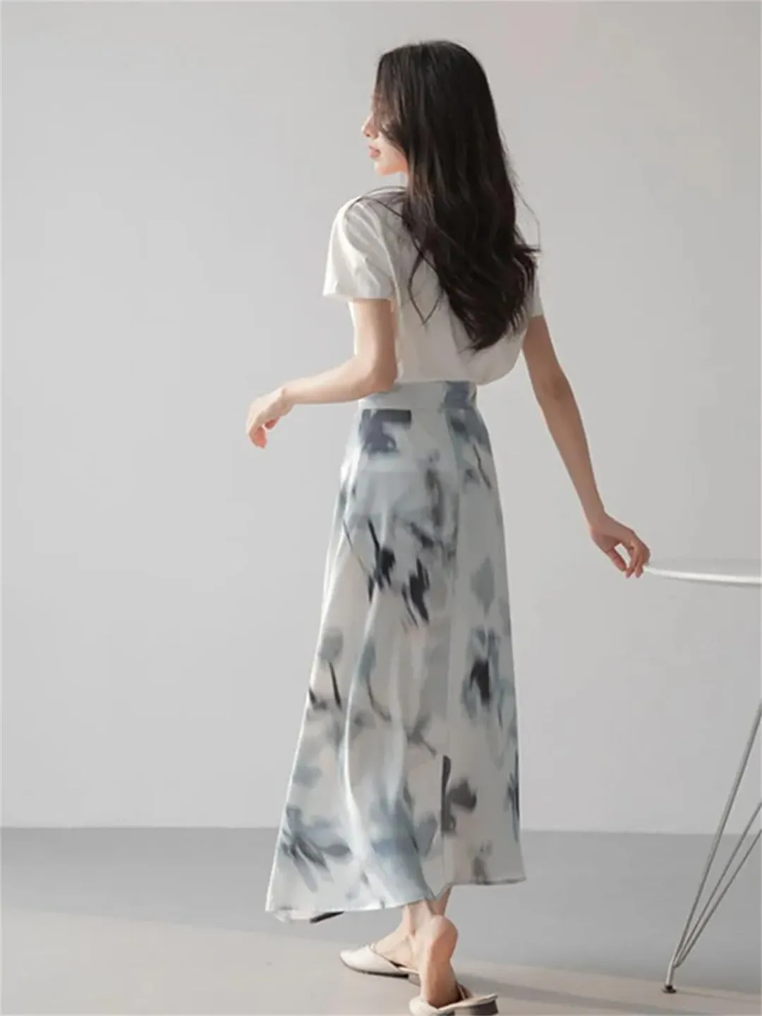 Women Midi High Waist A-Line Elegant Office Print Skirts Korean Style Skirts