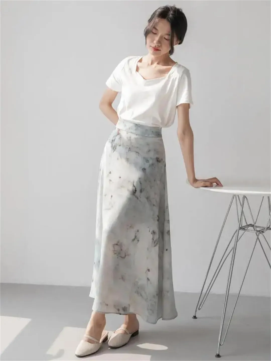 Women Midi High Waist A-Line Elegant Office Print Skirts Korean Style Skirts