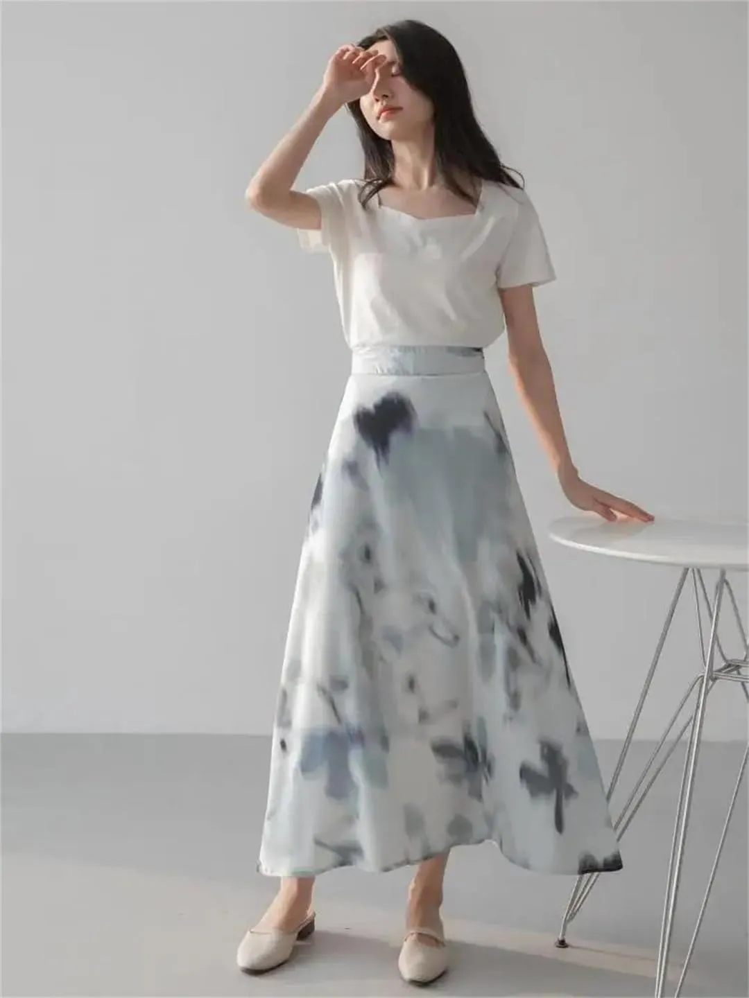 Women Midi High Waist A-Line Elegant Office Print Skirts Korean Style Skirts