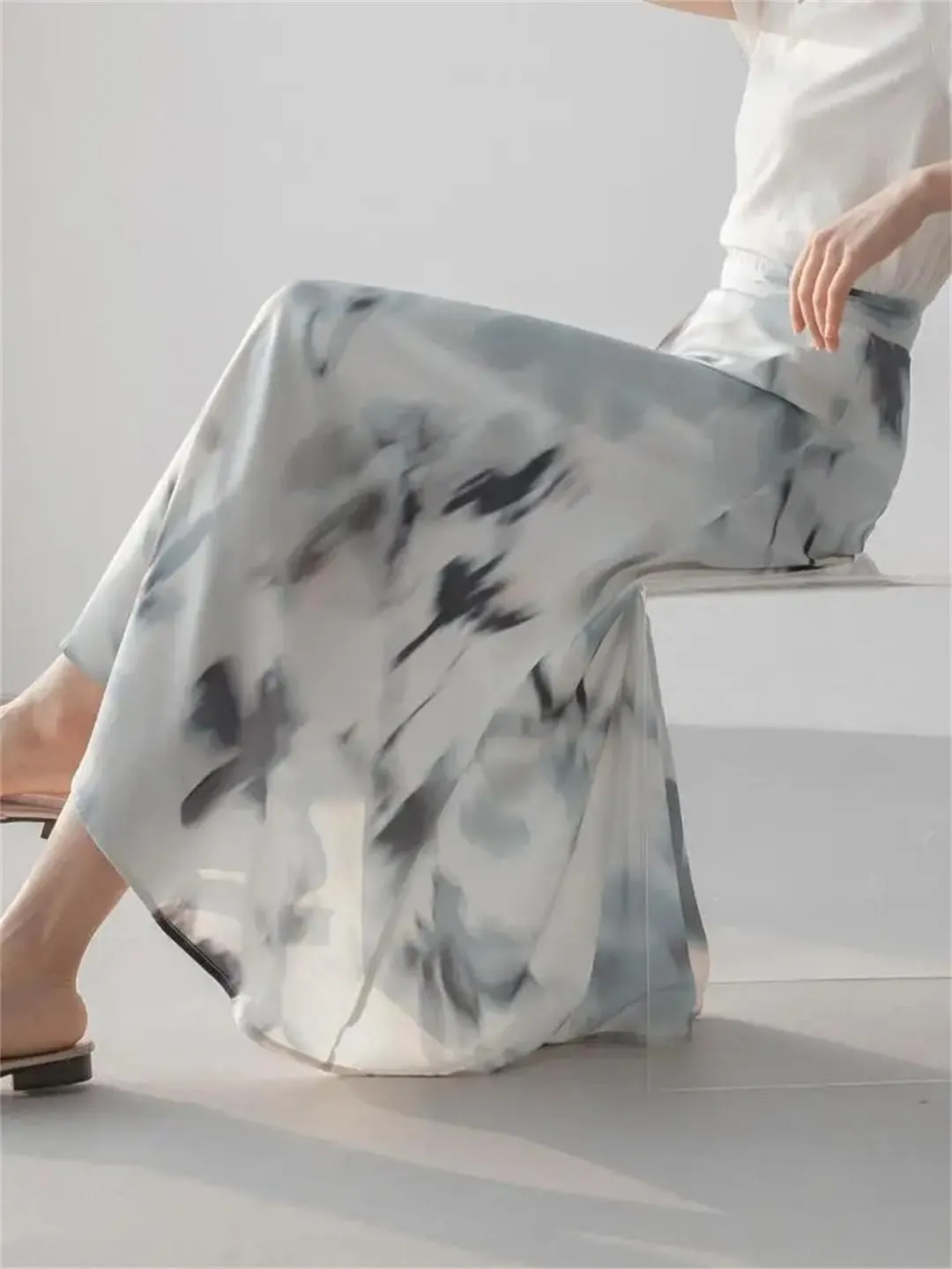 Women Midi High Waist A-Line Elegant Office Print Skirts Korean Style Skirts