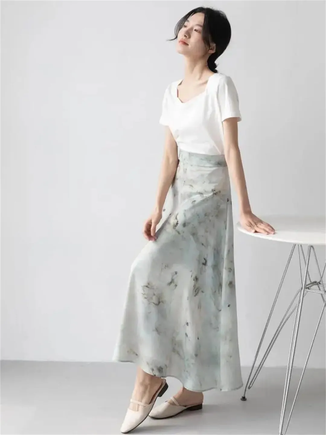 Women Midi High Waist A-Line Elegant Office Print Skirts Korean Style Skirts