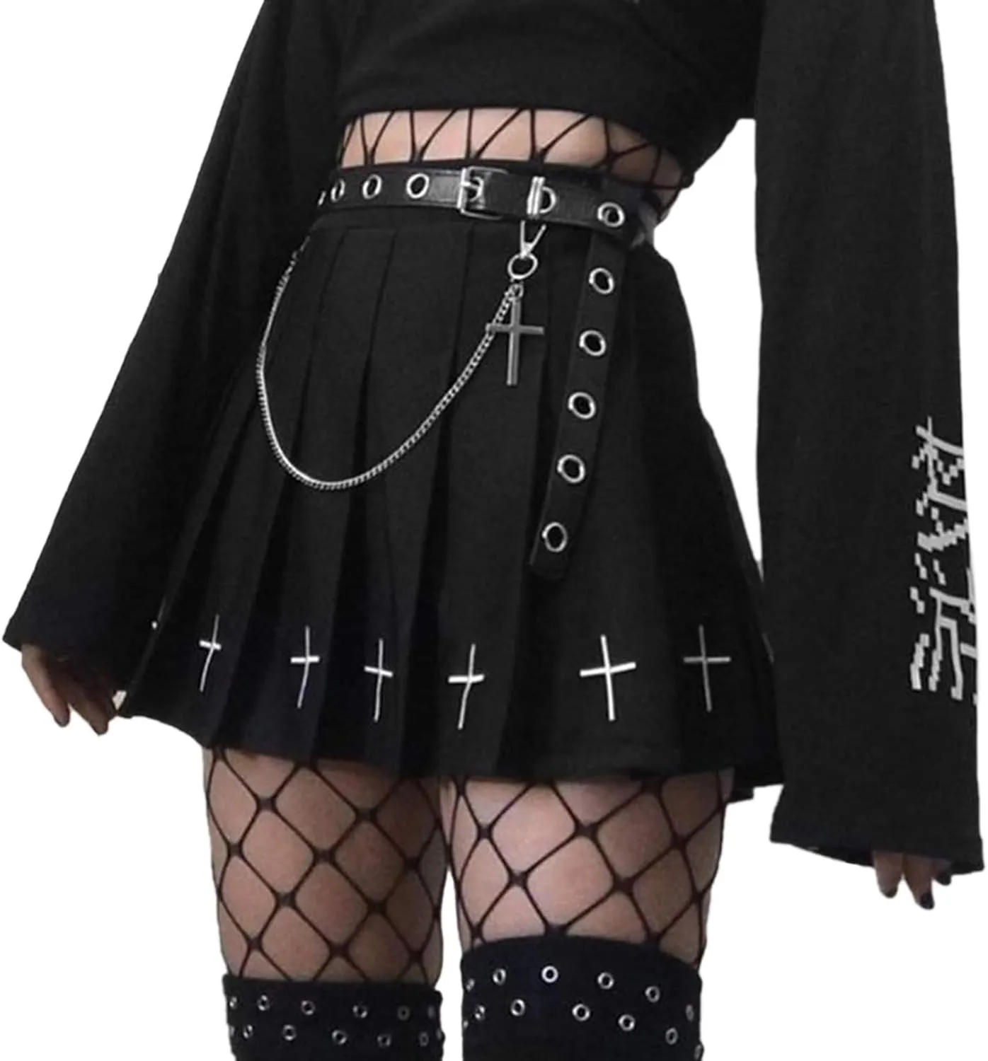 Women Mini Pleated Skirts Sexy Lace Patchwork Short Skirts High Waist Solid Color Goth A-line Skirts