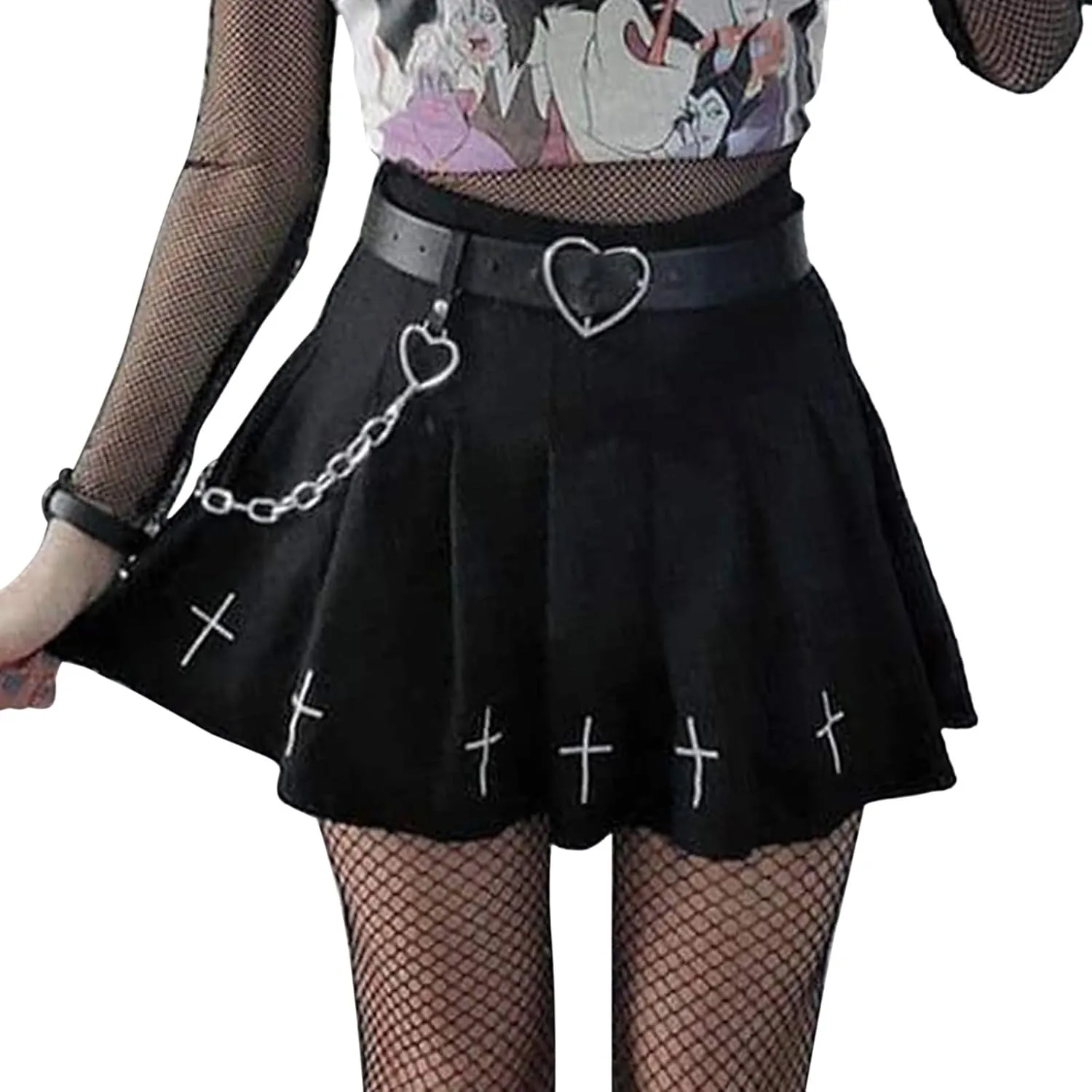 Women Mini Pleated Skirts Sexy Lace Patchwork Short Skirts High Waist Solid Color Goth A-line Skirts