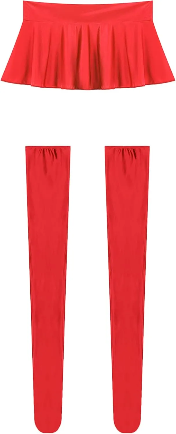 Women Oily Glossy Mini Pleated Skirts Elastic High Waist Ruffle A-Line Mini Skirts