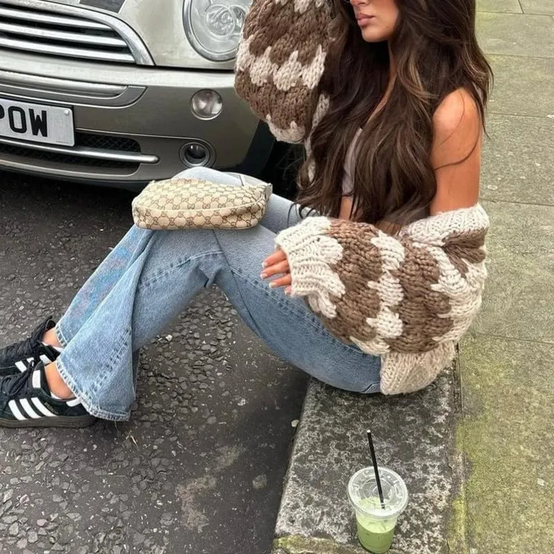 Women Oversized Cardigan Sweaters Color Block Long Sleeve Chunky Knit Sweaters Coat Y2K Open Front Colorful Cardigans