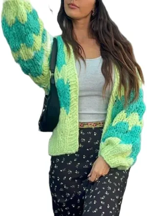 Women Oversized Cardigan Sweaters Color Block Long Sleeve Chunky Knit Sweaters Coat Y2K Open Front Colorful Cardigans