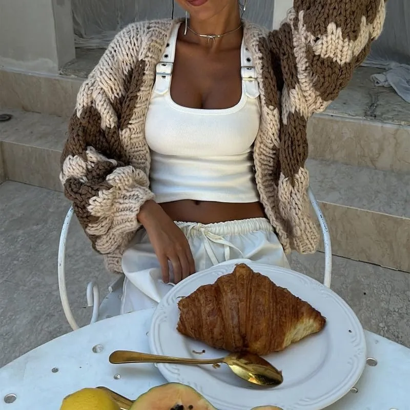 Women Oversized Cardigan Sweaters Color Block Long Sleeve Chunky Knit Sweaters Coat Y2K Open Front Colorful Cardigans