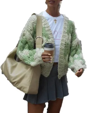 Women Oversized Cardigan Sweaters Color Block Long Sleeve Chunky Knit Sweaters Coat Y2K Open Front Colorful Cardigans
