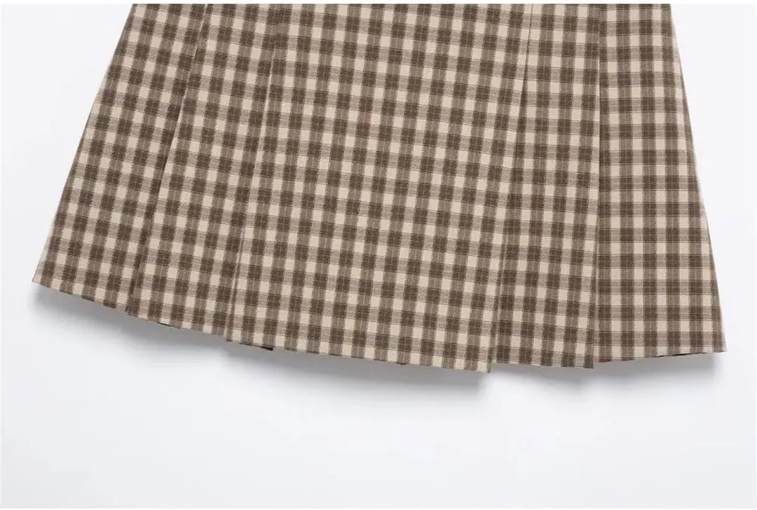 Women Plaid Mini Skirts Pleated Button Decor A-Line High Waist Classic Mini Skirts