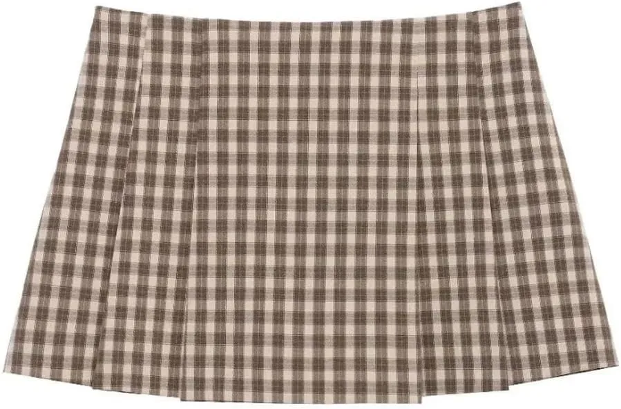 Women Plaid Mini Skirts Pleated Button Decor A-Line High Waist Classic Mini Skirts
