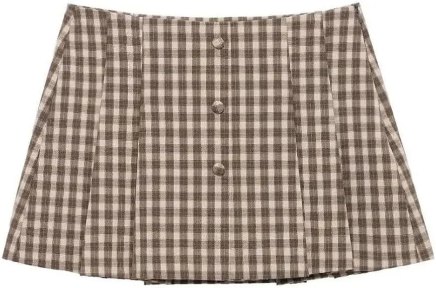 Women Plaid Mini Skirts Pleated Button Decor A-Line High Waist Classic Mini Skirts