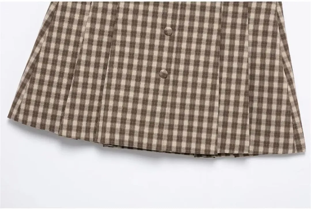 Women Plaid Mini Skirts Pleated Button Decor A-Line High Waist Classic Mini Skirts
